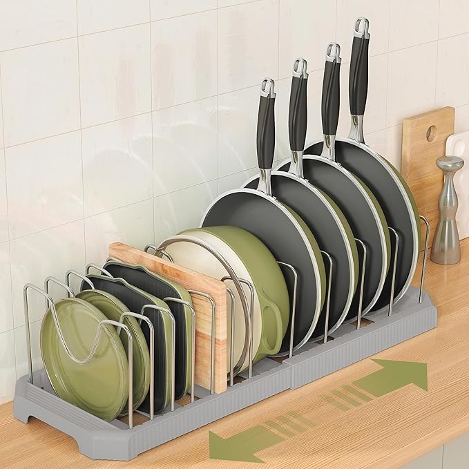 Pots and Pans Organizer for under Cabinet, Pan Pot Organizers inside Cabinet, Expandable Organizer with 12 Adjustable Dividers for Cookie Sheets, Cutting Boards, Pot Lids, Cookware - Pan Rack, Grey - Image 2