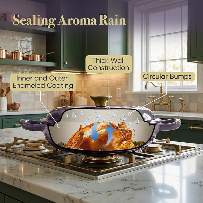 Vintage Style 3 Quart Enameled Cast Iron Braiser, Non Stick Enameled Cast Iron Skillet with Lid, Dutch Oven Skillet with lid up to 500°F for Oven, Stove, Grill, Shallow Dutch Oven for Cook, Bake (Purple) - Image 5