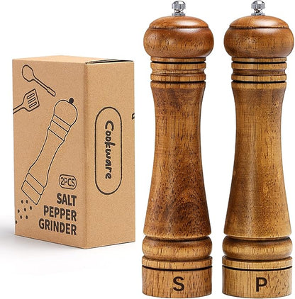 Wooden Salt and Pepper Grinder Set, Premium Oak Wood Salt Grinders Shakers, Pepper Mill with S and P Engraving, Adjustable Ceramic Grinder – 10 inches, 2 Pack by MJINGMEI