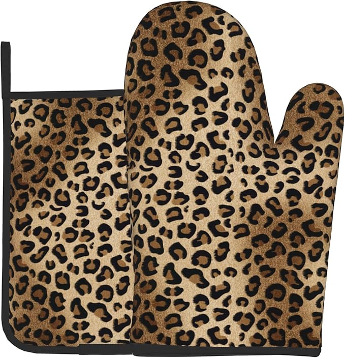 Leopard Print Oven Mitts - Brown Oven Mitts and Pot Holders Sets of 2 Animal Print Kitchen Mitts Hot Pads for Baking Grilling by DZGlobal
