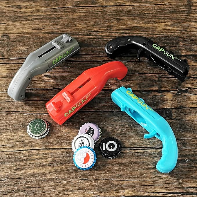 cap gun bottle opener launcher shooter funny shooting gun creative beverage bottle opener, suitable for party games, family gatherings, outdoor barbecues (4PC four-color)