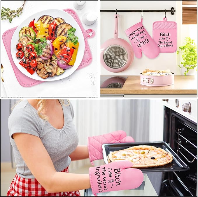 GROBRO7 6Pcs Funny Oven Mitts Pot Holders Baking Gift, I Am The Secret Ingredient Resistant Hot Pad Machine Washable Gloves with Hanging Pocket Potholder for Friend Women Gift for Love Kitchen Cooking - Image 5