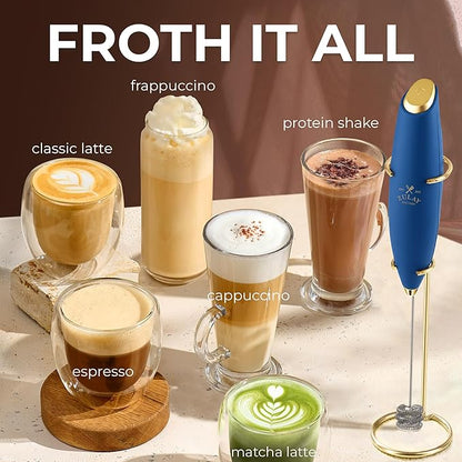 Zulay Kitchen Patented Tornado Triple Whisk Milk Frother with 4 Duracell Batteries – Handheld Foam Maker for Coffee, Lattes, Matcha & Hot Chocolate – Rich, Creamy Froth in Seconds - Navy Blue & Gold - Image 5