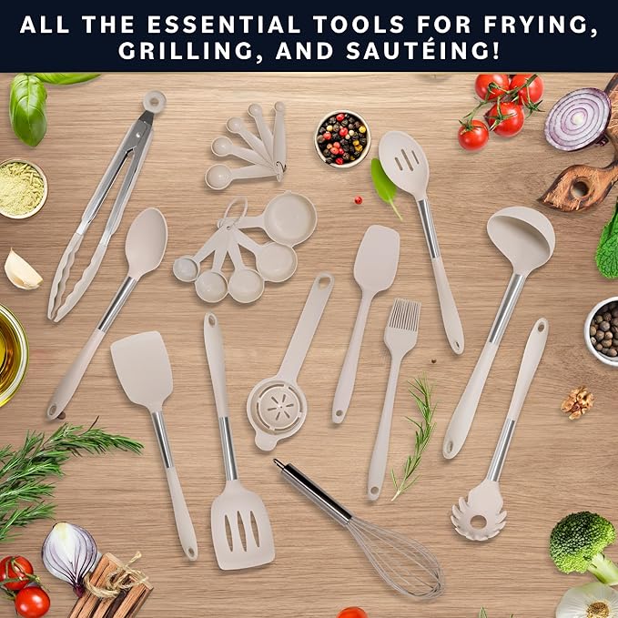 Home Hero Silicone Kitchen Utensils Set - Heat Resistant Non-Scratch Cooking Utensils - Ergonomic Silicone Spatula Set - Dishwasher Safe Kitchen Tools - 26 Piece, Stone - Image 6
