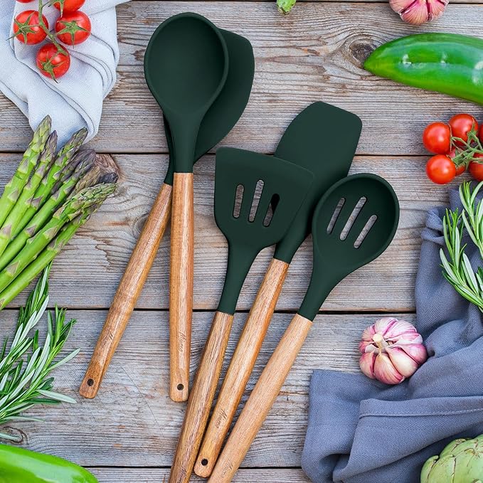 Non-Stick Silicone Cooking Utensils Set with Natural Acacia Hard Wood Handle, 5 Piece, High Heat Resistant (Green) - Image 5