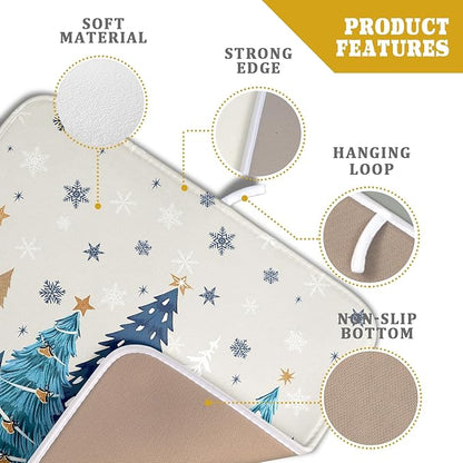 Christmas Tree Dish Drying Mat for Kitchen Counter 18x16 Inch Xmas Snowflake Drying Mat with Absorbent Reversible Microfiber House Blue Trees Dish Drainer Mats Rack Pad for Coffee Countertop Protector
