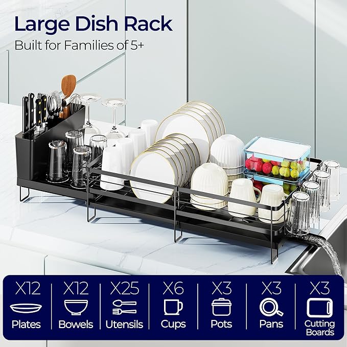 Large Dish Drying Rack, Expandable Dish Rack for Kitchen Counter, Dishrack with Drainboard Set, Multifunctional Dish Drainer with Utensil Holder & Cup Holder, Black