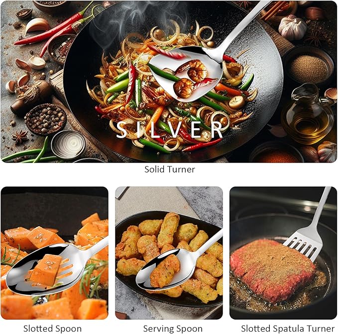 304 Stainless Steel Cooking Utensils Set,9PCS Metal Kitchen Utensils Set with Wooden Handle,Solid Spoon,Spatula,Ladle,Skimmer Spoon,Spaghetti Spoon,Dishwasher Safe - Image 7