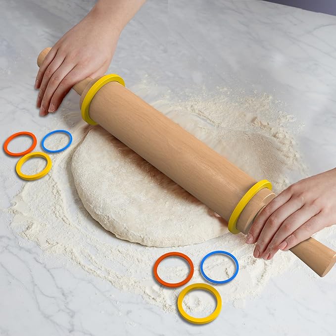 Classic Wooden Rolling Pin with Handle for Fondant, Pizza, Pies, Cookies, Pastries, Rolling Pin for Baking with 3 Multi-Color Thickness Rings, 17"x2.5" (Include handle) Beechwood Rolling Pin - Image 2