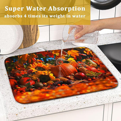 Fall Harvest Pumpkin Dish Drying Mat for Kitchen Counter,Thanksgiving Maple Leaves Sunflower Drying Mat 16 x 18 Inch with Absorbent Reversible Microfiber Dish Drying Pad for Coffee Bar - Image 7