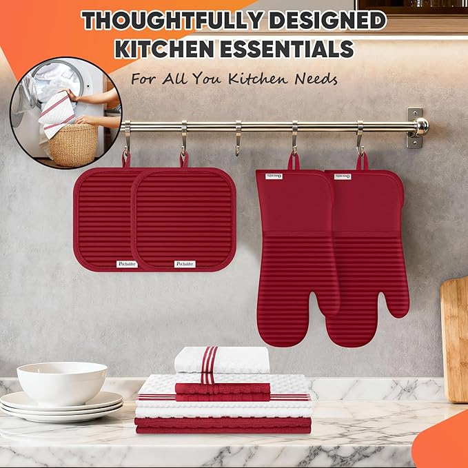 Oven Mitts Kitchen Towels and Dishcloths with Pot Holders Sets, Oven Gloves Hot Pads 500°F Heat Resistant with Silicone Grip, Include 2 Cooking Gloves/2 Potholders/4 Kitchen Towels/4 Dish Towels-Red - Image 5