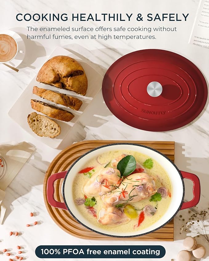 Enameled Cast Iron Dutch Oven - 9.3QT Dutch Oven Pot with Lid & Cotton Potholders - Heavy-Duty Non Stick Casserole Pot for Braising, Stews, Roasting, Baking, Suitable for All Stovetops, Cherry Red - Image 3