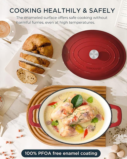 Enameled Cast Iron Dutch Oven - 9.3QT Dutch Oven Pot with Lid & Cotton Potholders - Heavy-Duty Non Stick Casserole Pot for Braising, Stews, Roasting, Baking, Suitable for All Stovetops, Cherry Red - Image 3