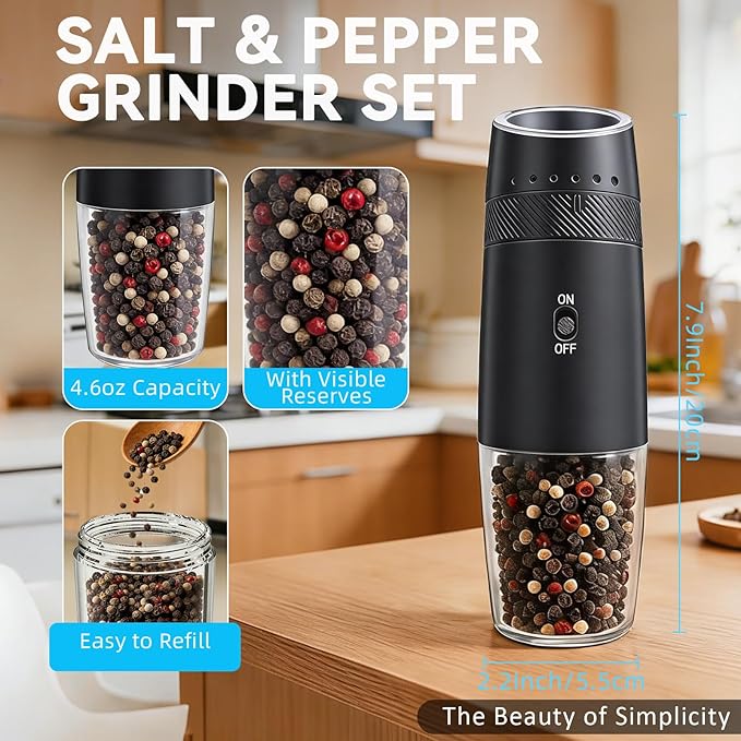 Gravity Electric Salt and Pepper Grinder Set Rechargeable Automatic Shakers Mill Grinder with LED Light, Adjustable Coarseness One Hand Operation, USB-C BatteryPowred, Gift for Home Chefs, 2 Pack