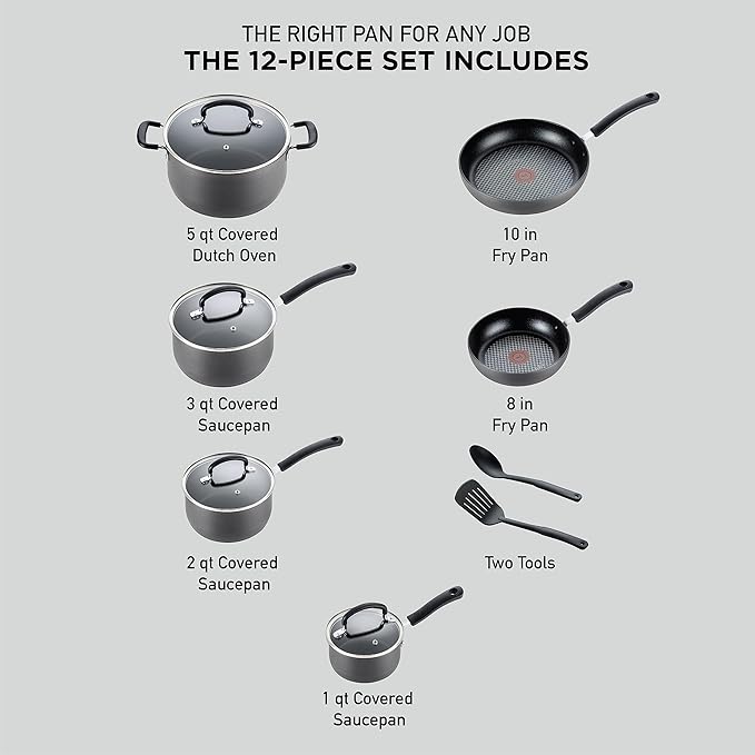 T-fal Ultimate Hard Anodized Nonstick Cookware Set 12 Piece, Oven Broiler Safe 400F, Lid Safe 350F, Kitchen Cooking Set w/Fry Pans, Saucepans, Dutch Oven, Pots and Pans, Dishwasher Safe, Onyx - Image 2