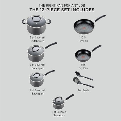 T-fal Ultimate Hard Anodized Nonstick Cookware Set 12 Piece, Oven Broiler Safe 400F, Lid Safe 350F, Kitchen Cooking Set w/Fry Pans, Saucepans, Dutch Oven, Pots and Pans, Dishwasher Safe, Onyx - Image 2