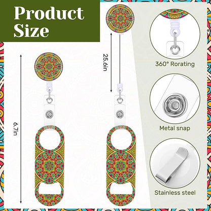 Irenare 6 Pcs Flat Bottle Openers Retractable Bar Keys for Bartenders Stainless Steel Beer Bottle Opener with Belt Clip and Round Badge Reel Bartender Gifts for Women Men(Mandala Style)