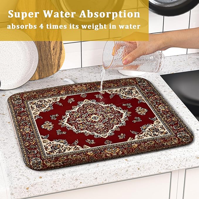 Giwawa Vintage Boho Dish Drying Mat Antique Tribal Rustic Red Floral Dish Drainer Mats 16"x18" Ethnic Carpet Microfiber Reversible Dish Drying Rack Pad Protector for Kitchen Countertop Decor