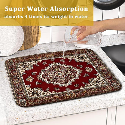 Giwawa Vintage Boho Dish Drying Mat Antique Tribal Rustic Red Floral Dish Drainer Mats 16"x18" Ethnic Carpet Microfiber Reversible Dish Drying Rack Pad Protector for Kitchen Countertop Decor