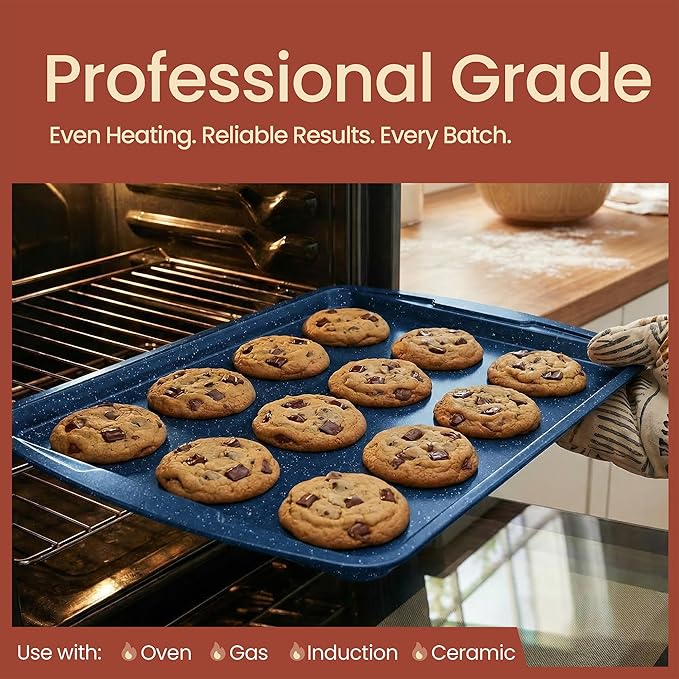 BAKKEN Kitchen Baking Pan Set - Nonstick Coating, Commercial Grade Carbon Steel Bakeware Sets, Baking Kitchen Essentials, PFOA, PFOS, PTFE Free, Oven Safe Tray (Up To 450° F), Set of 3, Blue Marble - Image 3