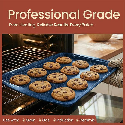 BAKKEN Kitchen Baking Pan Set - Nonstick Coating, Commercial Grade Carbon Steel Bakeware Sets, Baking Kitchen Essentials, PFOA, PFOS, PTFE Free, Oven Safe Tray (Up To 450° F), Set of 3, Blue Marble - Image 3