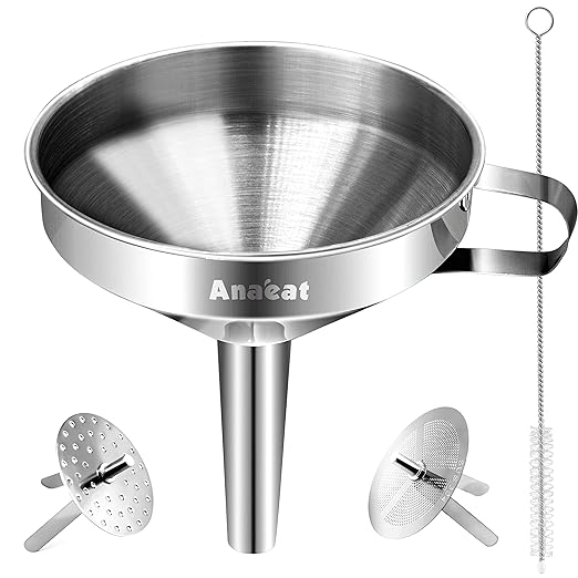 Anaeat Stainless Steel Kitchen Funnel, Multi-Use Premium Metal Food Grade Cooking Funnels with 2 Removable Strainer Filter for Transferring Liquid or Dry ingredients, Oils & 1 Pc Cleaning Brush (5.7") by Anaeat