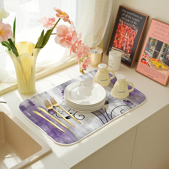 Floral Dish Drying Mat 18x24 Inches For Kitchen Counter Purple Daisy Flower Kitchen Decoration Drying Mat Modern Decorative Drying Pad For Home Kitchen Decor,Dining Room,Office Decor