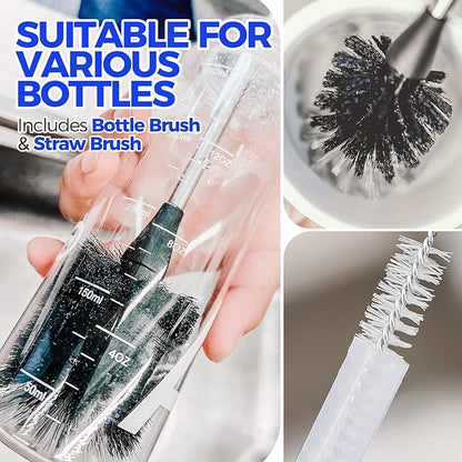 Holikme 5-Piece Bottle Brush Cleaner Set - 14" Stainless Steel Handle, 3 Straw Brushes, Cleans Water Bottles, Cups, Baby Bottles, Black & Grey - Image 3