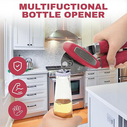 Manual Can Opener with Magnet, Heavy Duty Hand Can and Bottle Opener with Stainless Steel Blade and Rubber Grip, Smooth Cutting Hand Can Openers for Senior, Magnetic Lid Remover Kitchen Tool (Red)