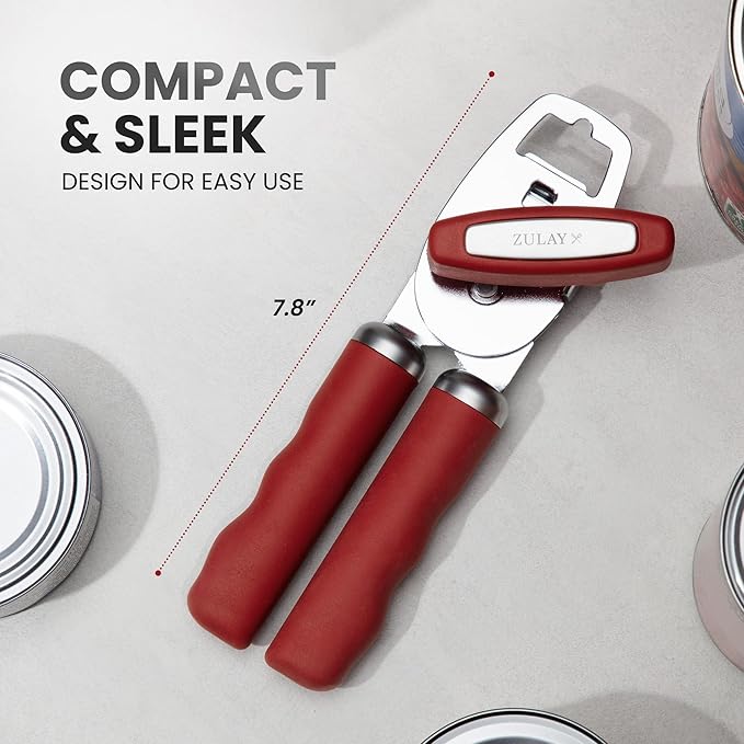 Zulay Kitchen Heavy Duty Stainless Steel Can Opener Manual with Bottle Opener - Rust Proof Manual Can Opener With Turn Knob & Comfy Soft Grip Handles - Red - Image 2