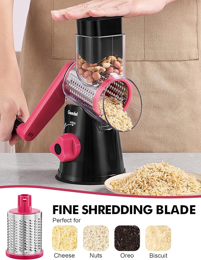 Geedel Rotary Cheese Grater, Kitchen Mandoline Vegetable Slicer with 3 Interchangeable Blades, Easy to Clean Rotary Grater Slicer for Fruit, Vegetables, Nuts - Image 5