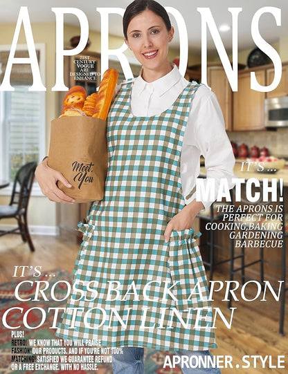 Cozy Adjustable Cross Back Aprons for Women with Pockets Cotton Linen Cooking Kitchen Baking