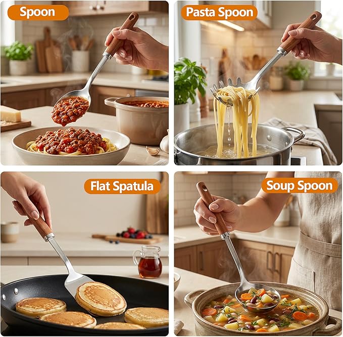 9PCS 18/8 Stainless Steel Kitchen Utensils Set, Heavy Duty Wooden Handle Cooking Utensils, Metal Cookware Utensils with Spatula, Ladle, Skimmer, Spaghetti Spoon and Potato Masher, Easy to Clean