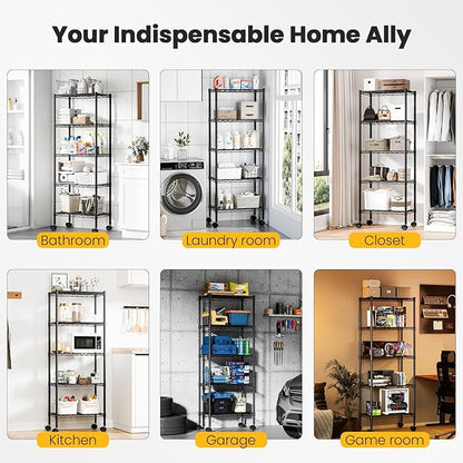 DUMOS 5-Tier Metal Wire Storage Shelves, Adjustable Standing Storage Rack Shelf with Wheels, Heavy Duty Steel Shelving Unit Organizers for Kitchen Bathroom Pantry Garage, 23.2"W×13.4"D×59.1"H, Black