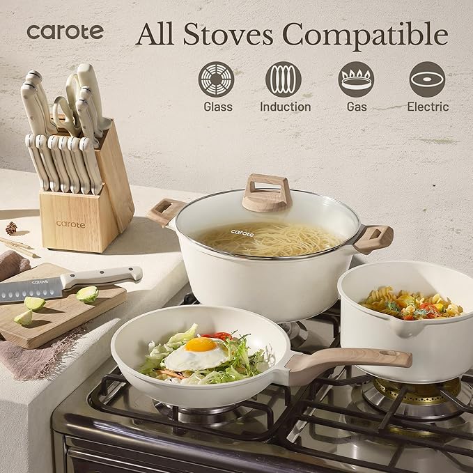 CAROTE ICE 35pcs Pots and Pans Set, Nonstick Cookware Sets, White Granite Induction Cookware with Kitchen Knife Set - Image 6