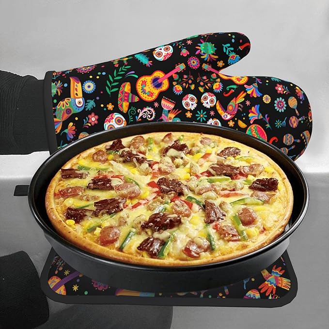 Mexican Oven Mitt Potholders Sets - Mexico Kitchen Mitts and Pot Holders Set of 2 Floral Skull Oven Gloves Hot Pads for Cooking Baking Grilling - Image 7