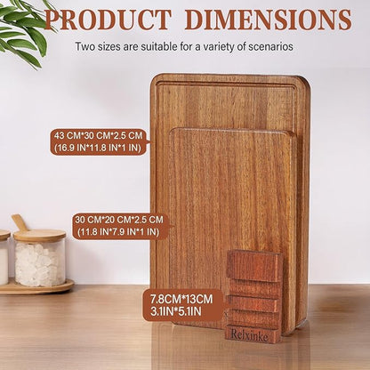 Solid Teak Wood Cutting Board Set One Piece Non Glued Large Thick Crack Resistant Wooden Chopping Board with DeepJuice Grooves Built in Handles for Kitchen Meat Bread 16.9x11.8IN &11.8*7.9IN