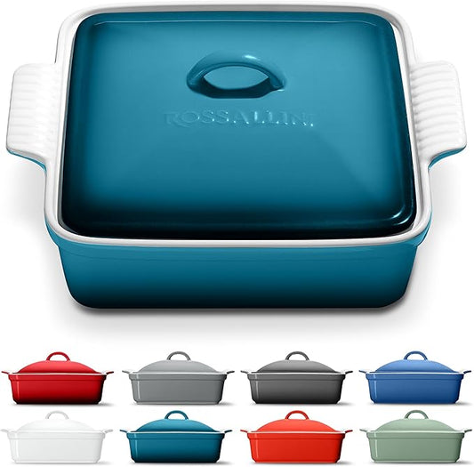 ROSSALLINI Stoneware Casserole Dish Bakeware with Lid | Covered Square Dinnerware | Large 2.5 Quart, [Ocean Blue]