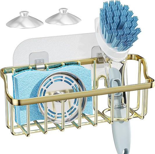 Consumest Sponge Holder Sink Caddy - Ladder Shaped Sponge Holder for Kitchen Sink with 2 Installation Ways (Suction Cups & Adhesive Hook), Rustproof Stainless Steel Kitchen Organizer, Gold