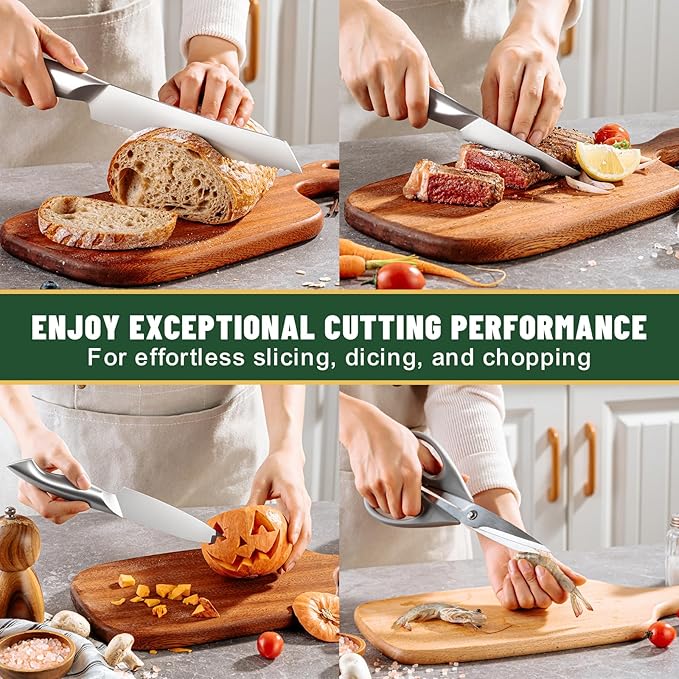 Knife Set, EWFEN 14-Piece Kitchen Knife Set with Block, German Stainless Steel Knives with Built-in Knife Sharpener, Anti-Slip Sharp Knives Set for Kitchen, Dishwasher Safe, Curved Handle - Image 6