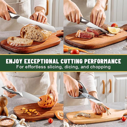 Knife Set, EWFEN 14-Piece Kitchen Knife Set with Block, German Stainless Steel Knives with Built-in Knife Sharpener, Anti-Slip Sharp Knives Set for Kitchen, Dishwasher Safe, Curved Handle - Image 6