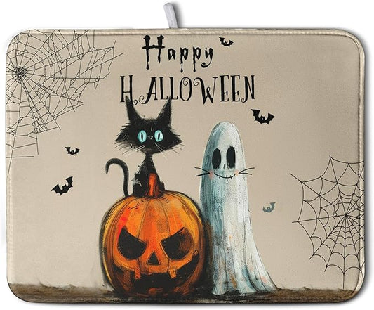 Happy Halloween Dish Drying Mat for Dishs 16x18 Inch Halloween Pumpkin Ghost Black Cat Kitchen Drying Mat Spooky Spiderweb Holiday Dish Drainer Mat Super Absorbent Dish Rack Pad for Coffee Bar Sinks by Kwlegh