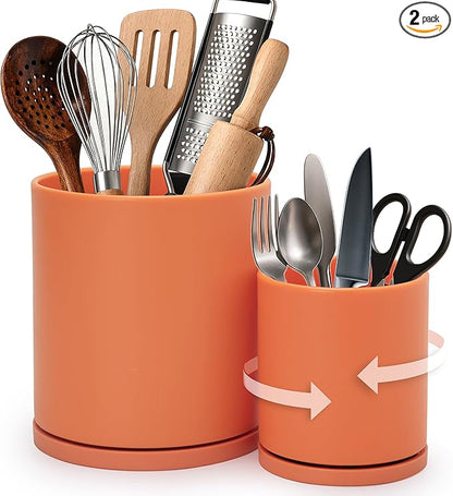 D'vine Dev 360° Rotating Utensil Holder Set – 7.2"+5" Kitchen Utensil Crocks for Countertop, Modern Cooking Tool Organizers for Kitchen Storage +Décor, Pumpkin, Set of 2, 72-Z-E-1 by DvineDevPlanterPotsandStand