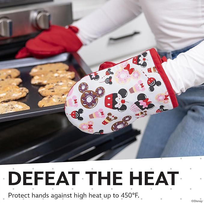 Disney Oven Mitts 2-Pack - 5.5” x 7.5” Heat-Resistant Mini Oven Mitts with Non-Slip Printed Silicone Disney Silhouettes - Pot Holders for Kitchen - Mickey & Minnie, Stitch, Winnie the Pooh