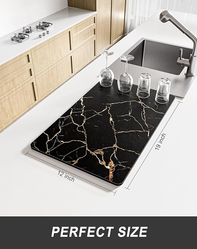 Rnivvi Dish Drying Mat for Kitchen Counter, 12 x 19" Cute Marble Super Absorbent Draining Pad, Non-Slip Heat Resistant Coffee Bar Mats for Coffee Machine Station Accessories, Black Gold Dish Rack Pad - Image 2