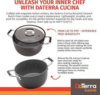 DaTerra Cucina – 8 Qt Nonstick Ceramic Dutch Oven with Lid – Large Oven Safe Stock Pot, Induction Compatible, Lightweight, Lead & PFOA Free, Volcanic Black, Durable Nonstick Cookware – Made in Italy - Image 2