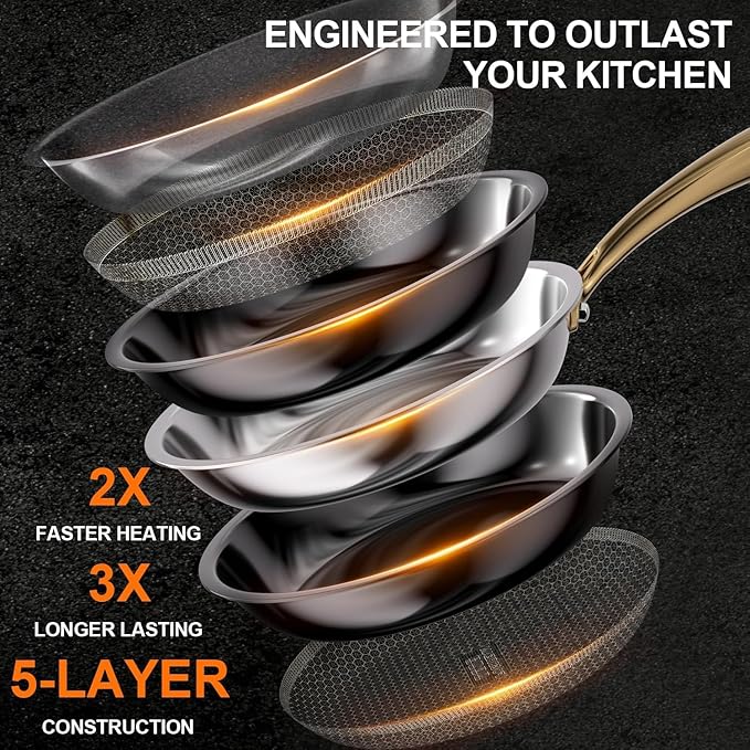 FogDream 10 Inch Stainless Steel Frying Pan with Lid, Honeycomb Hybrid Nonstick Skillet for Induction & All Cooktops, PFAS/PFOA/PTFE Free, Oven Safe to 500°F, Stay-Cool Handle, Dishwasher Safe, Gold - Image 4