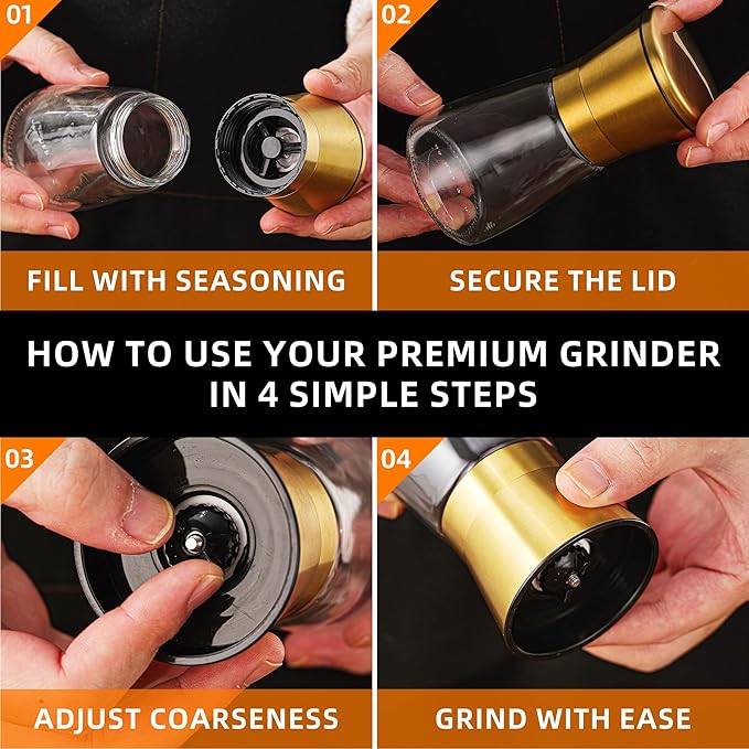 DAVIMADE Premium 2pk Gold Salt and Pepper Grinder Set, Manual Grinder Adjustable Coarseness Ceramic Blades, Bonus Silicone Funnel-Short Gold Kitchen Accessories