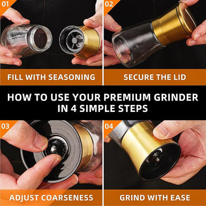 DAVIMADE Premium 2pk Gold Salt and Pepper Grinder Set, Manual Grinder Adjustable Coarseness Ceramic Blades, Bonus Silicone Funnel-Short Gold Kitchen Accessories