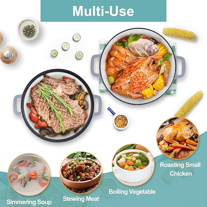 TeamFar 5 Quart Enameled Cast Iron Dutch Oven, 2-In-1 Dutch Oven Pot Cookware with Skillet Lid for Bread Baking Braising Stewing Roasting, Sturdy & Nonstick, Oven Safe & Fit for Induction (Grey) - Image 7